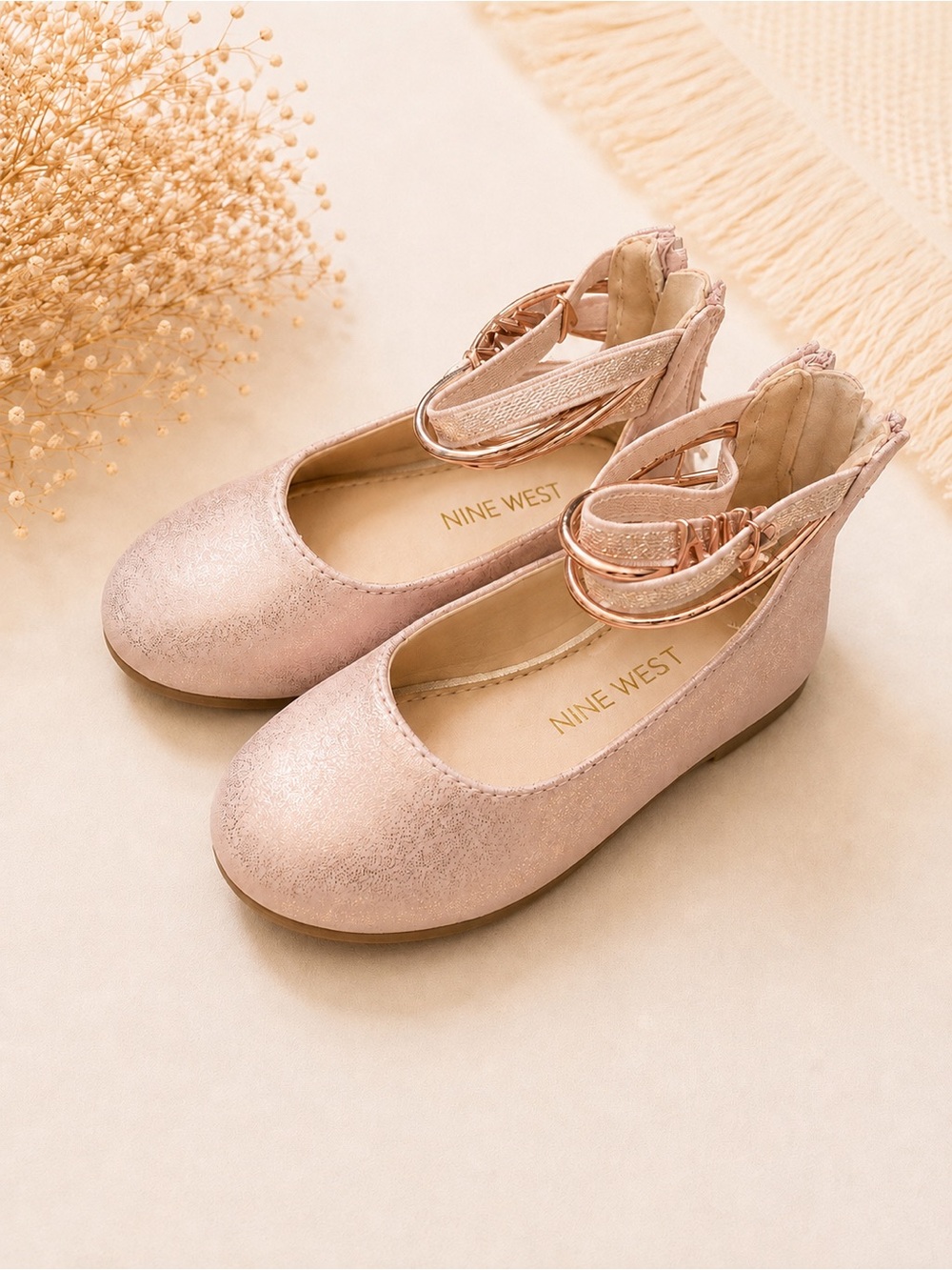 Nine West Kids Rose Gold Ankle-Strap Ballet Flats